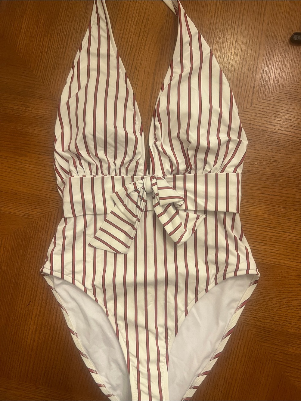 We Wore What Striped Tie-Front One-Piece Swimsuit White and Burgundy medium B33